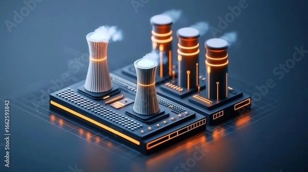 Fototapeta Fantistic Frontiers Concept. Innovative 3D Illustration of Futuristic Power Plant with Cooling Towers and Energy Generation