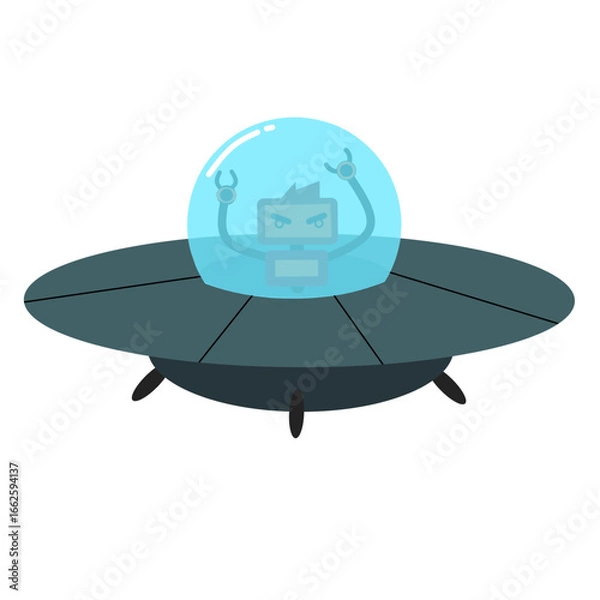 Fototapeta ufo in space. A vector illustration of a futuristic blue flying saucer with a transparent dome and an angry-looking robot inside