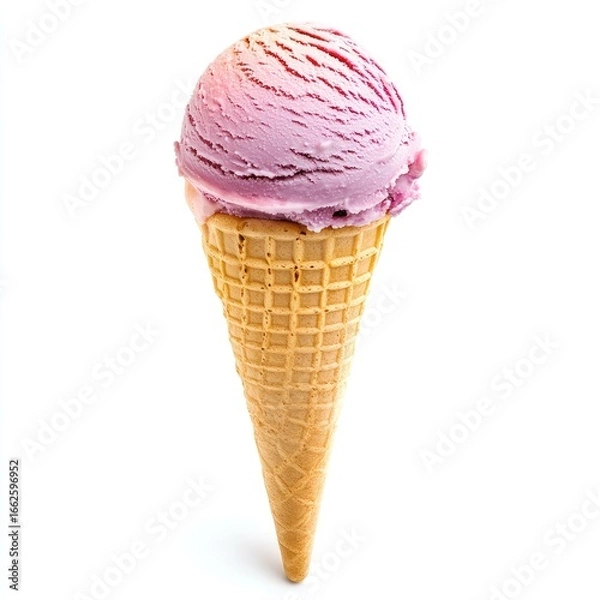 Obraz Purple ice cream scoop in waffle cone against white