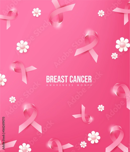 Fototapeta Pink ribbon breast cancer awareness month background decorated with white flowers for campaign poster flyer or banner design