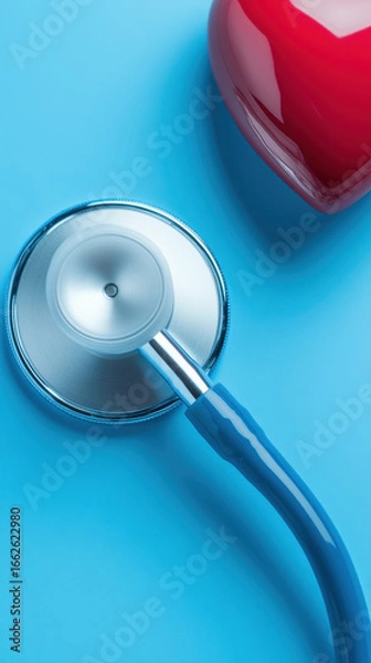 Obraz Heart be better, A stethoscope rests gently on a vibrant red heart, symbolizing care and health in a striking visual composition.