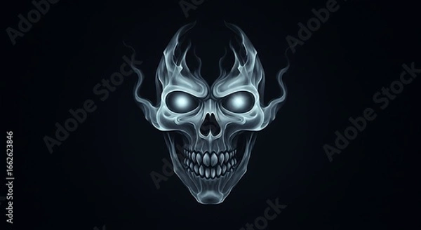 Fototapeta A haunting, glowing skull with bright, ethereal eyes emerges from smoky tendrils on a dark background, creating a mystical and eerie visual.