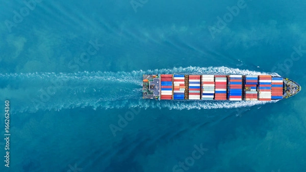 Fototapeta Aerial of cargo ship carrying container and running verry fast for export cargo from cargo yard port to other ocean concept smart freight shipping ship top view