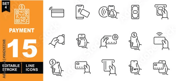 Fototapeta Payment line icon set. Exclusive Payment line icon collection. Containing QRcode, Creditcard, Mobilepay, Contactless, Banknote, Cashier, Cardinsert, Phonepay, Wallet, ATM, and more. Editable stroke