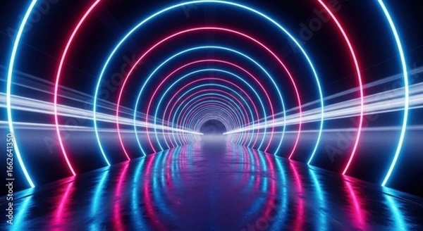 Fototapeta Stunning neon tunnel background with vibrant pink and blue glowing lights