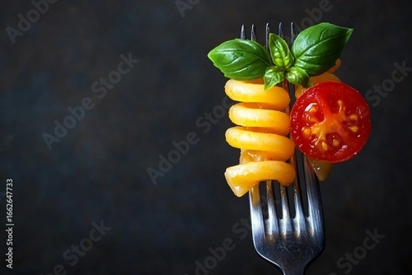 Fototapeta Elegant bite of Italian pasta adorned with fresh basil and juicy tomato a taste of summer on a fork with a dark textured