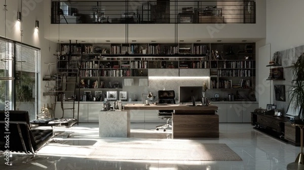 Fototapeta Spacious, modern office with desk, shelves, and upper-level storage; bright, natural light