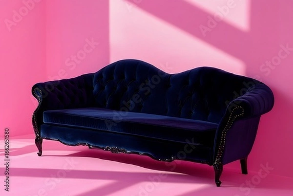 Fototapeta An inviting blue velvet sofa ready for deep conversation and quiet evenings set against a bold pink backdrop with strong