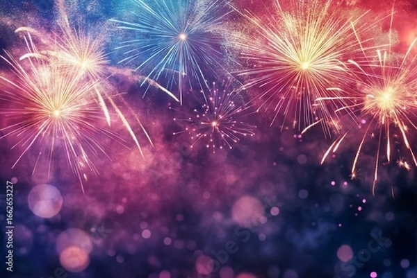 Fototapeta Explosions of joy Vibrant fireworks illuminate the night sky in celebration of new beginnings captured with soft bokeh