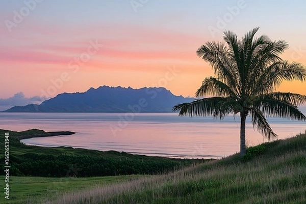 Fototapeta A serene island escape with a solitary palm tree silhouetted against a vibrant pastel sunset captured in natural light