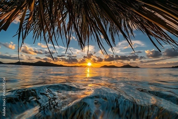 Fototapeta A serene sunrise painting the ocean in gold viewed from beneath a palm tree frond inviting tranquility with clear