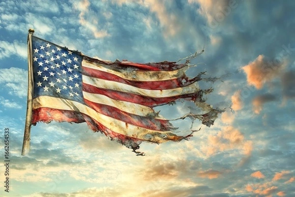 Fototapeta A tattered American flag waves defiantly against a dramatic sky a poignant symbol of resilience and weathered history