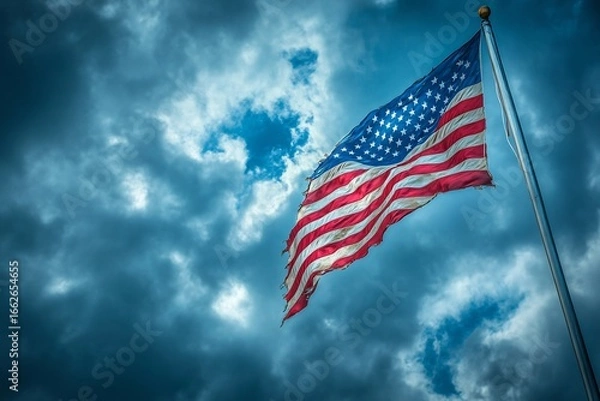 Fototapeta A weathered American flag waves bravely against a dramatic stormy sky symbolizing resilience and patriotism with strong