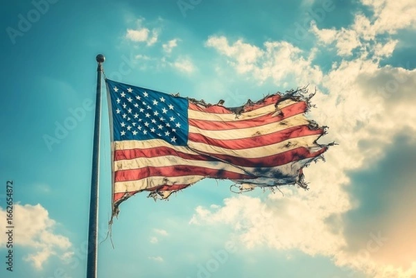 Fototapeta A weathered American flag a symbol of resilience and enduring spirit waving proudly against a bright sky with high