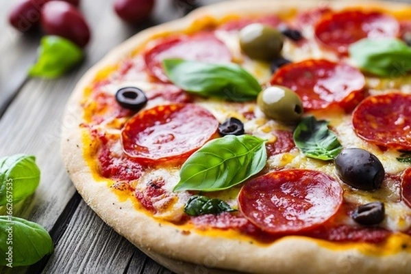 Fototapeta A tantalizing pepperoni pizza adorned with fresh basil and glistening olives beckons a delightful taste experience on