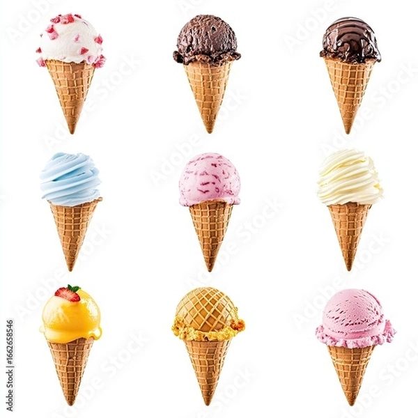 Fototapeta Assorted ice cream scoops in waffle cones, various flavors and colors against a white background