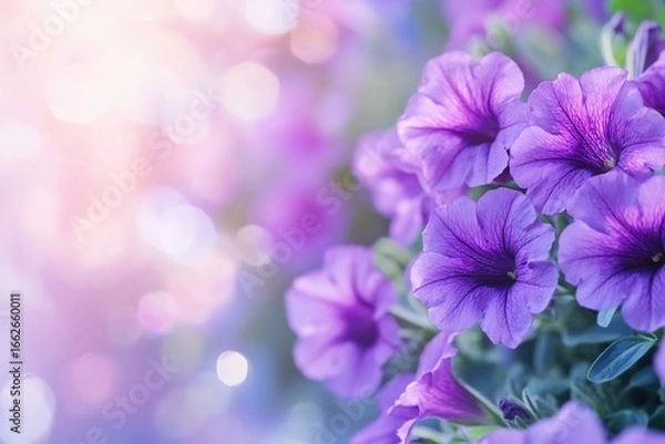Fototapeta Delicate purple petunias blooming gracefully a celebration of spring and renewal under soft bokeh lighting with ethereal
