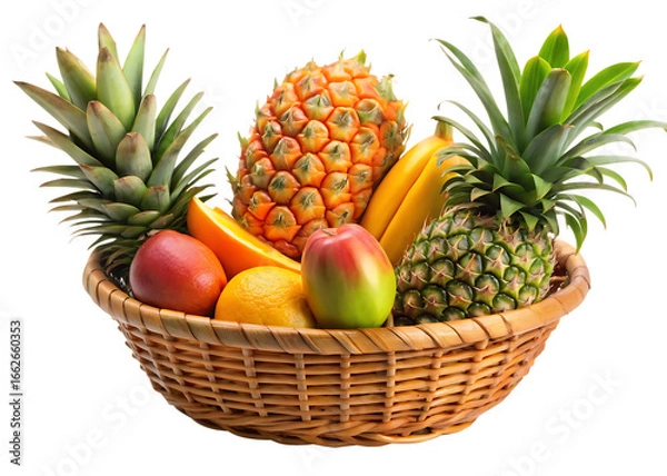Fototapeta Wicker basket filled with fresh tropical fruits including pineapples bananas mangoes and oranges isolated on a transparent background