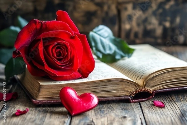 Fototapeta A romantic scene unfolds with a velvet red rose resting on an open book alongside a small heart telling a tale of love