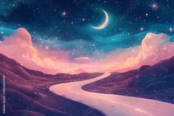 Fototapeta A serene journey under the starry crescent moon walking a magical path filled with dreamy clouds with soft pastel colors