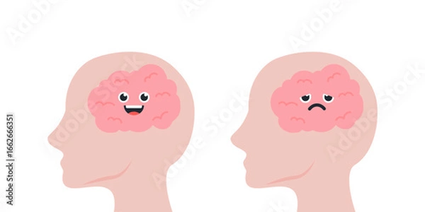 Obraz Human head with happy and sad brain cartoon character. Healthcare, mental health, psychological problem, care, stress, anxiety, mindset concepts. Flat vector design isolated illustration.