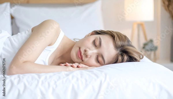 Obraz Beautiful young woman sleeping peacefully on a white bed, soft lighting, clean minimal background, promoting restful sleep