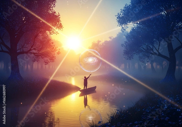 Fototapeta A person in a small boat on a tranquil lake, reaching towards a glowing sphere depicting a galaxy, bathed in warm sunrise colors amidst a mystical forest.