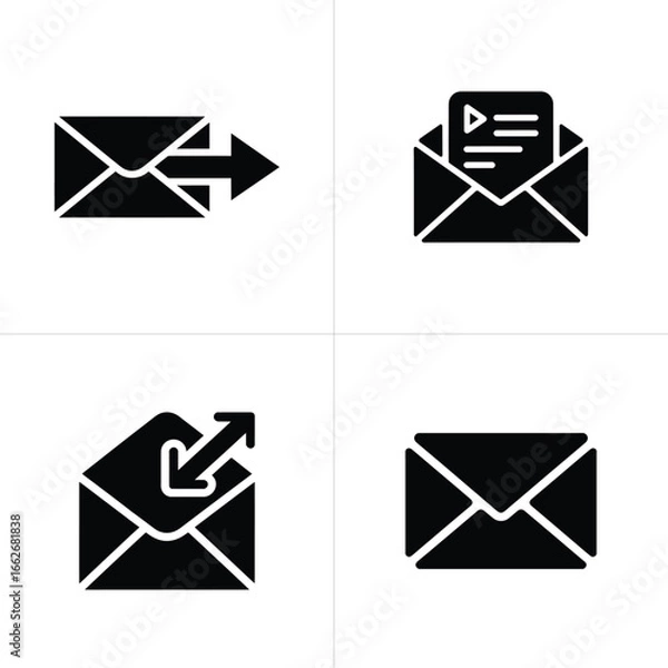 Obraz Four Black Email Envelope Icons with Sending, Receiving, and Open Mail Design