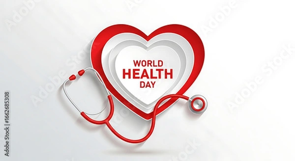 Fototapeta World Health Day illustration featuring a stethoscope and heart shaped layered background
