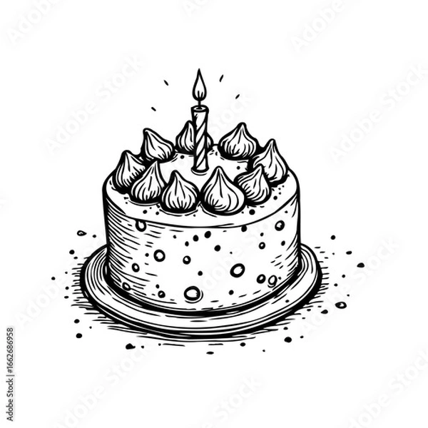 Fototapeta Celebratory cake with a single candle, handcrafted sketch for festive design and decorative
