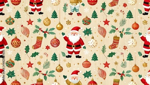 Fototapeta Christmas pattern with Santa Claus, ornaments, and holly