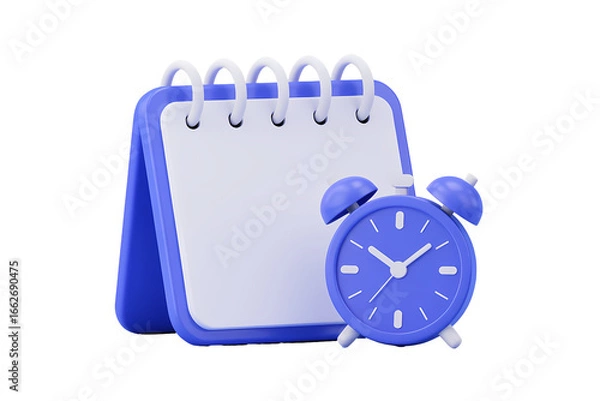 Fototapeta Blue alarm clock next to a blank spiral notebook isolated on transparent background