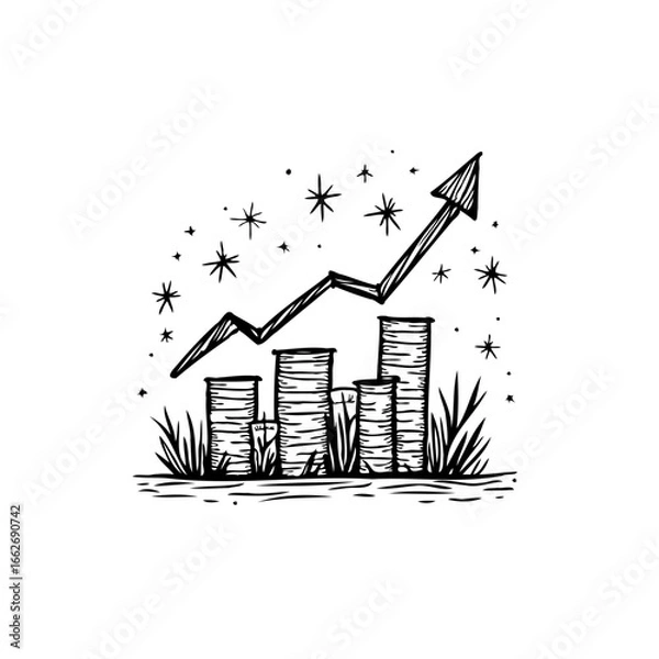 Fototapeta Hand drawn financial growth illustration with an upward trending arrow and column depicting