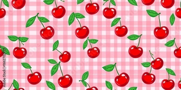 Fototapeta Cute gingham cherry pattern, pink background, seamless vector illustration for textile print, background, adorable