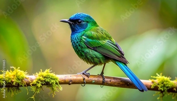 Fototapeta Vibrant green and blue bird perched on a branch