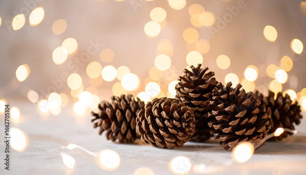 Fototapeta Natural pine cones displayed in cozy still life surrounded by warm glowing bokeh lights for holiday decoration