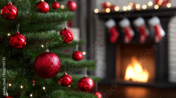 Fototapeta Decorated Christmas tree with red ornaments in front of a cozy fireplace.
