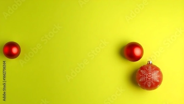 Fototapeta Festive Green Background with Glossy Red Ornaments in Bottom Corner and Smooth Copy Space for Christmas