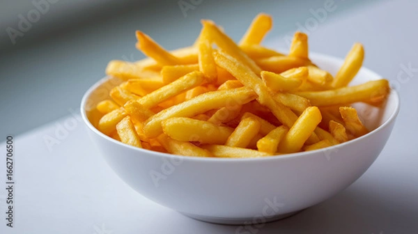 Obraz A white ceramic bowl filled with golden crispy French fries, isolated on a light background, representing fast food and snack culture.
