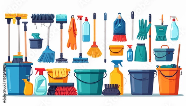 Fototapeta Flat vector set of cleaning supplies such as mop, broom, sponge, gloves, and detergent isolated on white background.