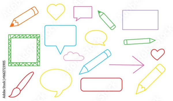 Obraz Drawing lines, arrows, speech bubbles, pencil highlighter and paintbrush icons with cartoon heart shape and marker pen elements. Vector illustration.