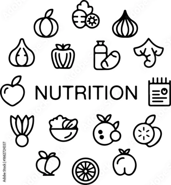 Fototapeta Nutrition themed icon set featuring fruits vegetables and healthy food items in a circular arrangement