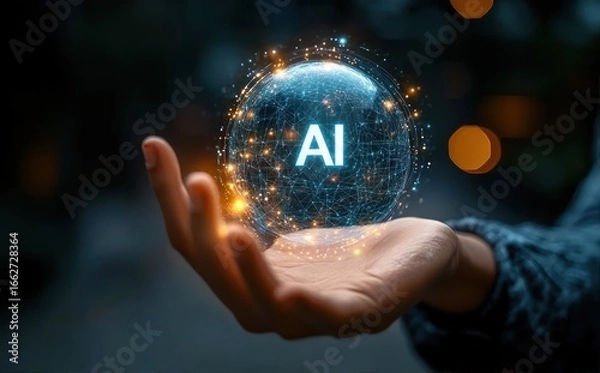 Fototapeta Human hand holding a glowing digital sphere with network connections and bright lights symbolizing artificial intelligence