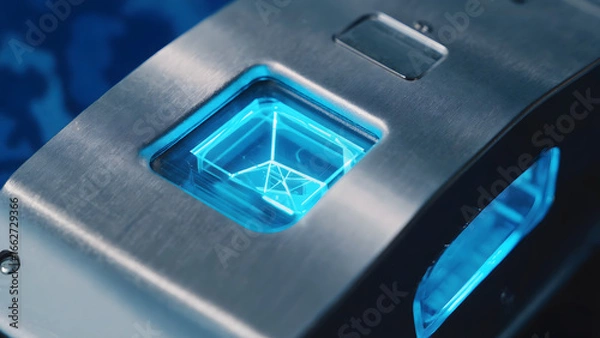 Obraz Futuristic metallic object with luminous blue geometric internal structure, highlighting cutting-edge technology.