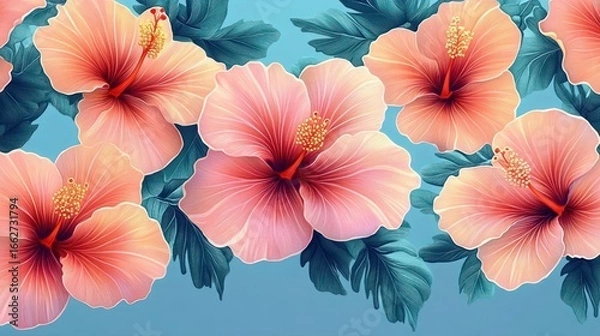 Obraz Close-up view of multiple vibrant pink and peach hibiscus flowers with detailed petals and bright yellow stamens against a soft blue background with green leaves