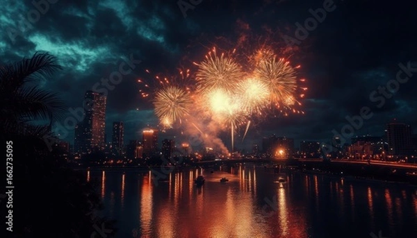 Fototapeta Bright orange and yellow fireworks bursting over a city skyline at night with reflections on a river and dark cloudy sky