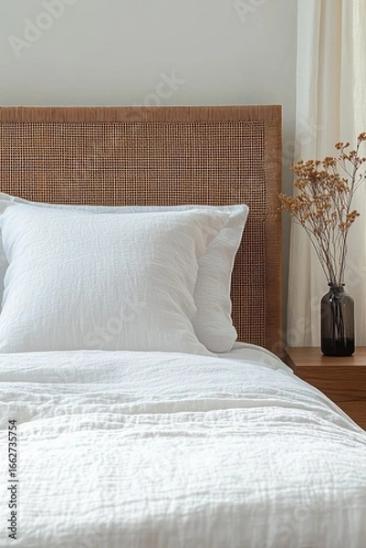 Fototapeta Minimalist bedroom setup featuring a cozy unmade white bed with textured linen bedding, a woven rattan headboard, and a nightstand with dried flowers in a dark glass vase