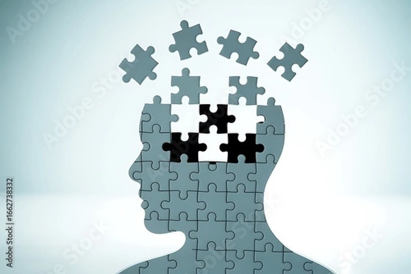 Obraz Human head made of puzzle pieces with missing parts represents memory loss