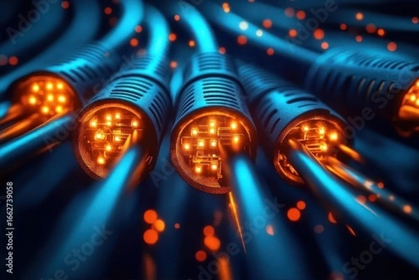 Fototapeta Close-up of glowing network cables with blue cables and orange illuminated connectors in a futuristic technology setting