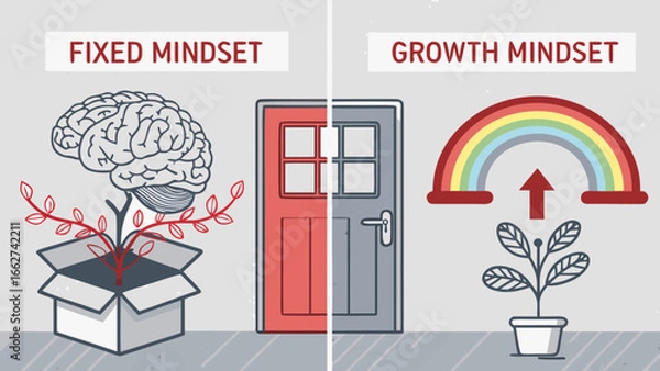 Fototapeta Infographic contrasting fixed mindset and growth mindset with visual transition.